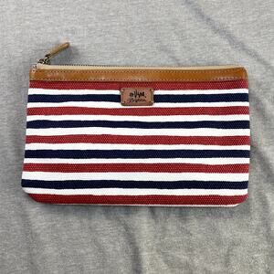 Brighton Vera Sails Striped Medium Makeup Bag Red Blue Leather Trim Clutch